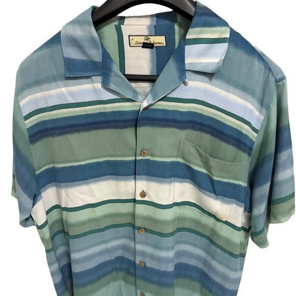 Tommy Bahama 100% Silk Button Up Men’s Shirt Size Large Short Sleeve Stripped - Picture 1 of 6